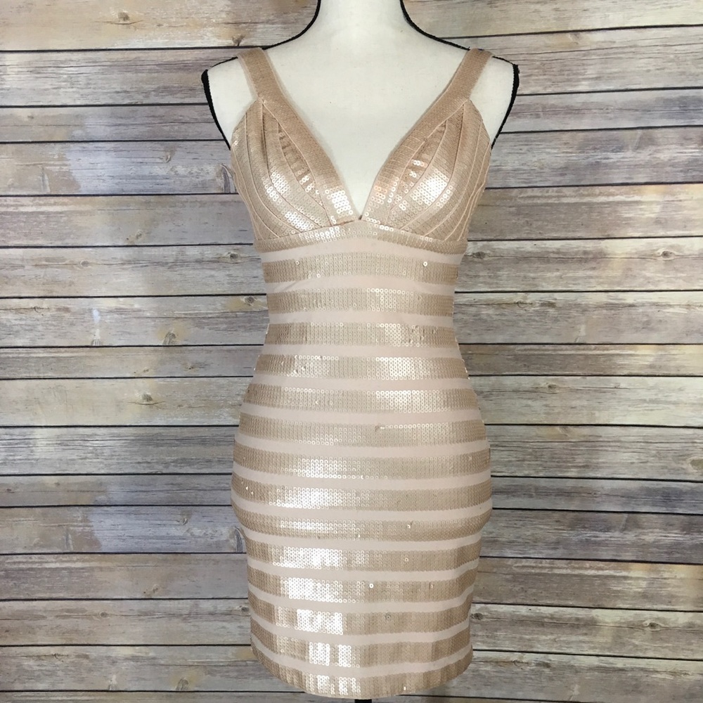 BeBe Bandage Body Con Gold Sequin Dress